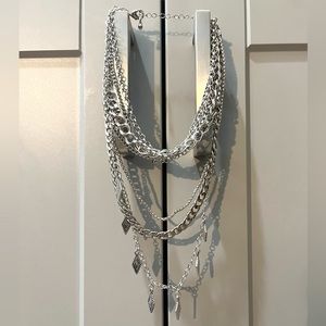 FREE PEOPLE Silver Tone Layered Link Chain Rhinestones Choker Charm Necklace